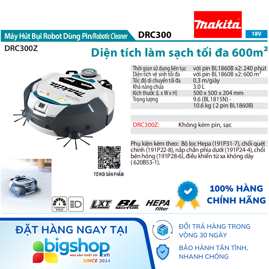 Máy hút bụi Robot dùng pin BL 18V MAKITA DRC300Z - Thân máy