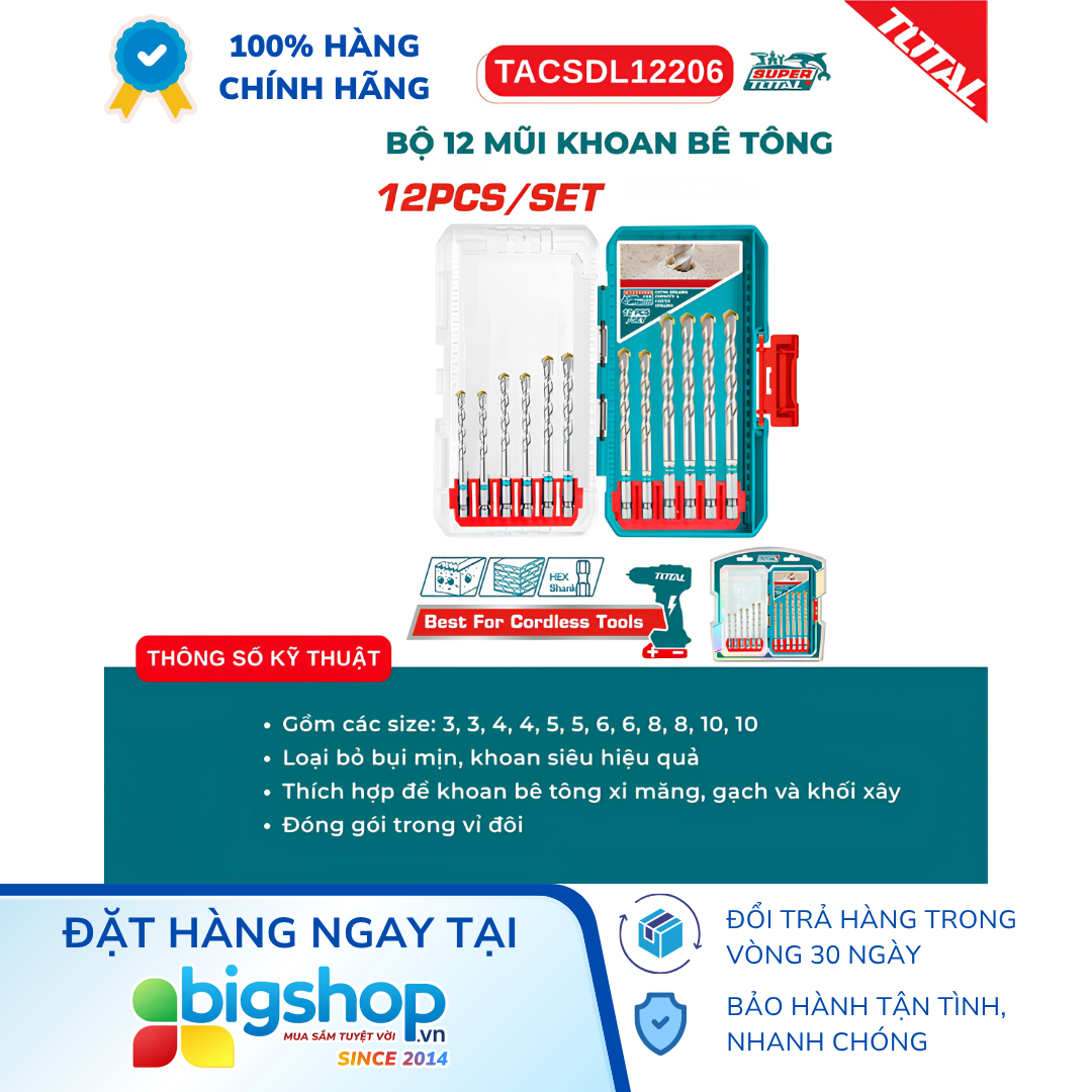 Bộ 12 mũi khoan bê tông TOTAL TACSDL12206