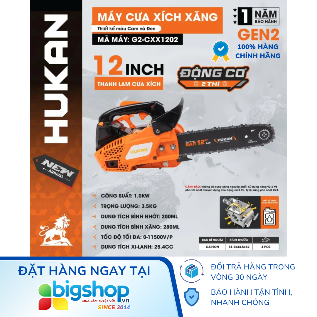 Máy cưa xích chạy xăng HUKAN G2-CXX1202 (GEN 2) - Lam xích 12 inch