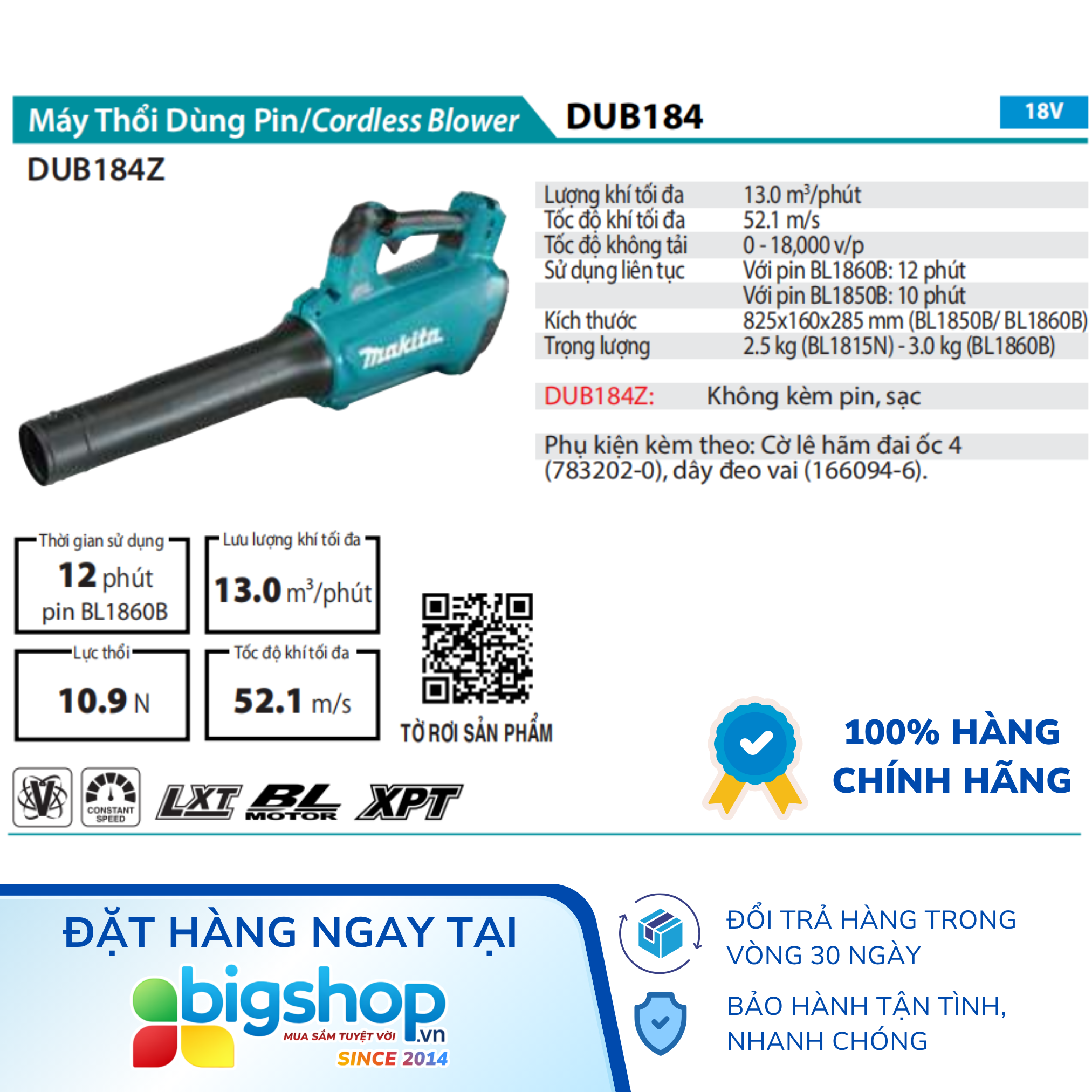 Máy thổi lá dùng pin 18V MAKITA DUB184RT (1 pin 5.0Ah và sạc)