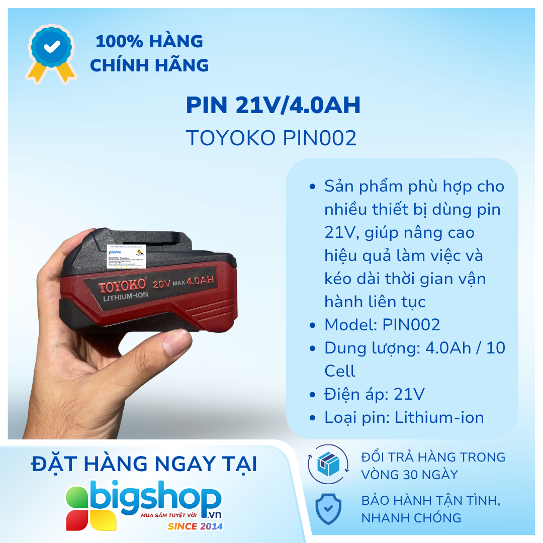 Pin 21V/4.0Ah TOYOKO PIN002 (10 Cell, dòng Pro)