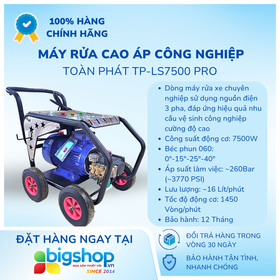 Máy rửa cao áp công nghiệp TOÀN PHÁT TP-LS7500 PRO - CS 7500W, Điện 3 pha