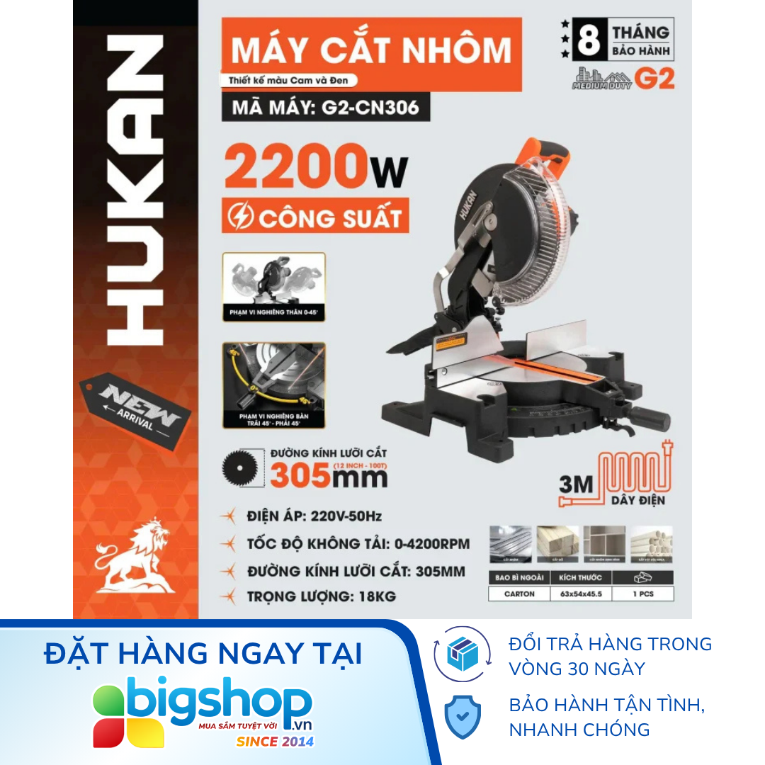 Máy cắt nhôm HUKAN G2-CN306 (GEN 2) - CS 2200W, Đĩa 305mm