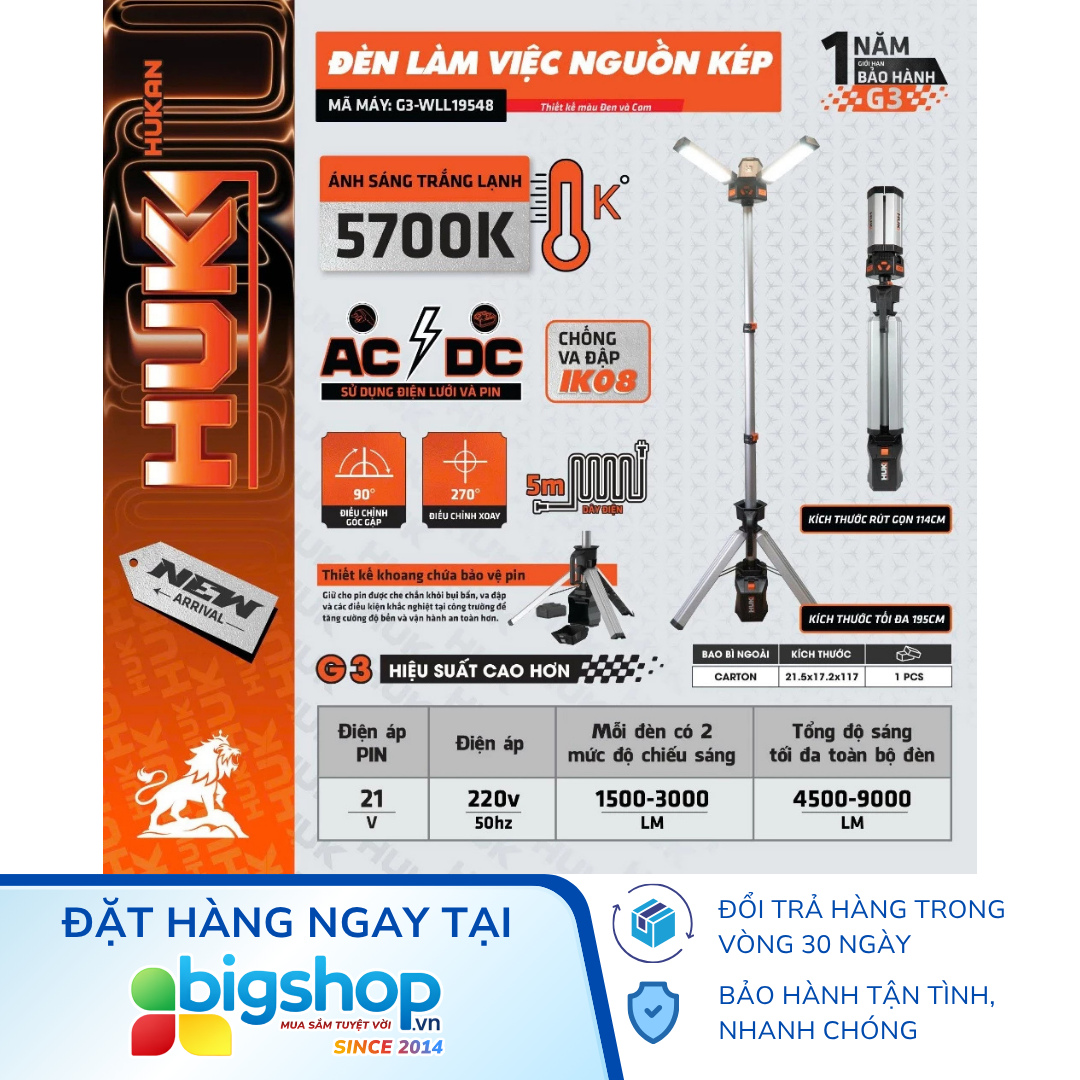 Đèn làm việc nguồn kép HUKAN G3-WLL19548 (GEN 3)