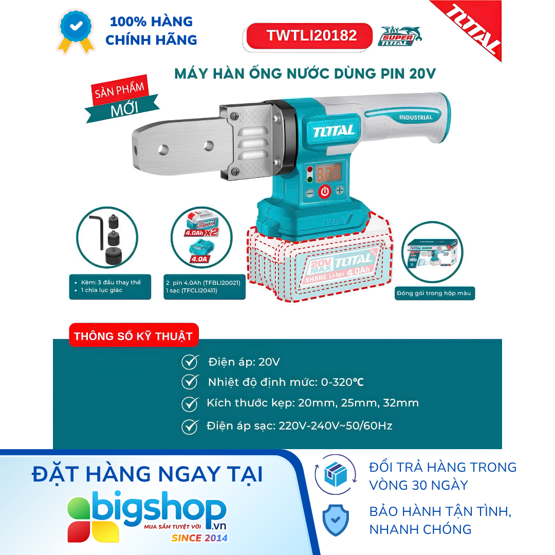 Máy hàn ống nước dùng pin TOTAL TWTLI20182 (2 pin 4.0Ah và sạc)