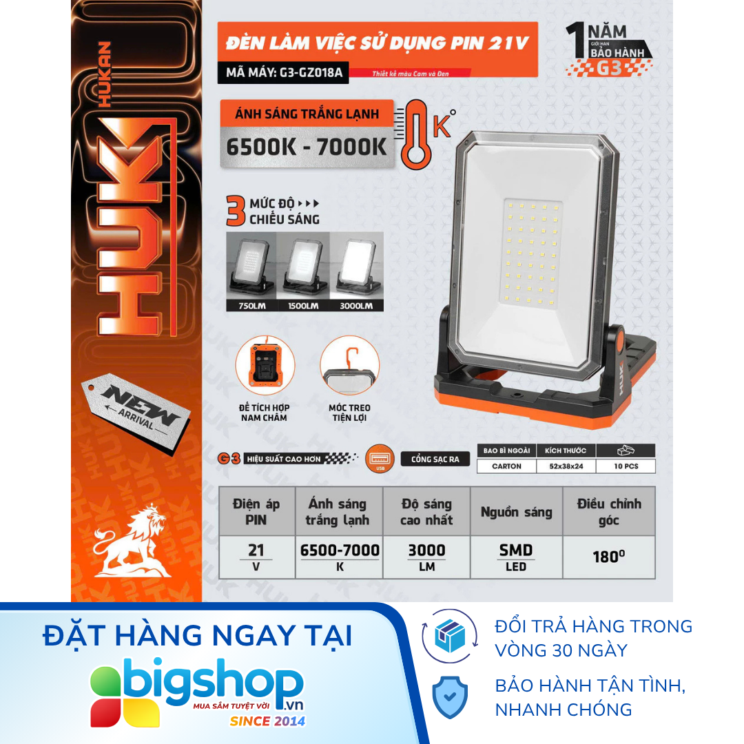 Đèn làm việc dùng pin HUKAN G3-GZ018A (GEN 3) – Chưa bao gồm pin, sạc
