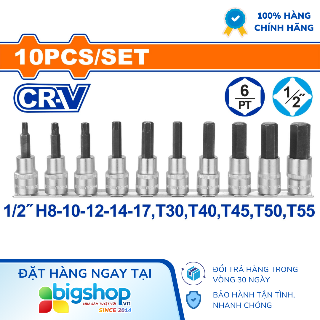 Bộ 12 đầu tuýp 1/2 inch ra đầu vít lục giác, sao WADFOW WST1412