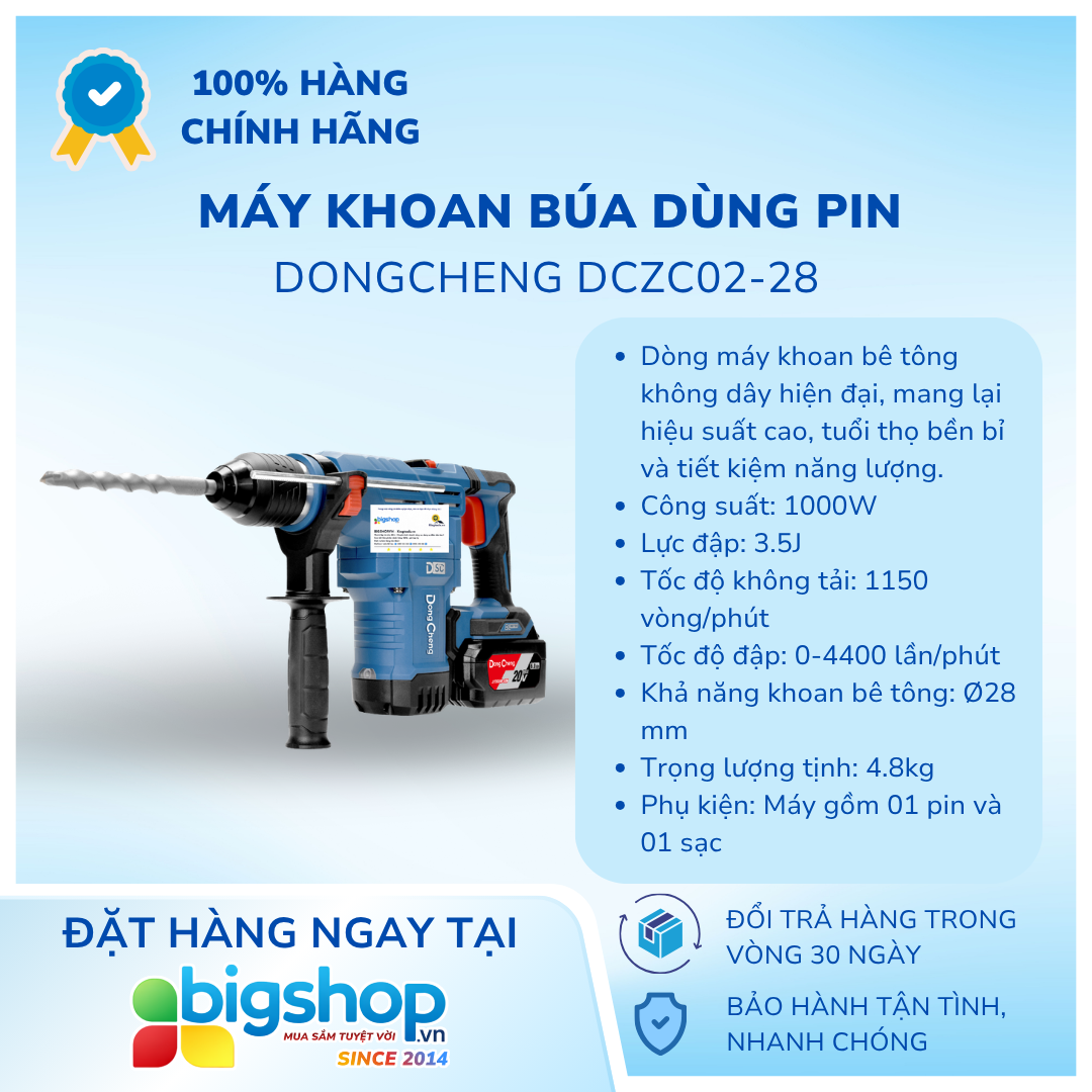 Máy khoan búa dùng pin DONGCHENG DCZC02-28 (CS 1000W, 1 pin 5.0Ah và sạc)