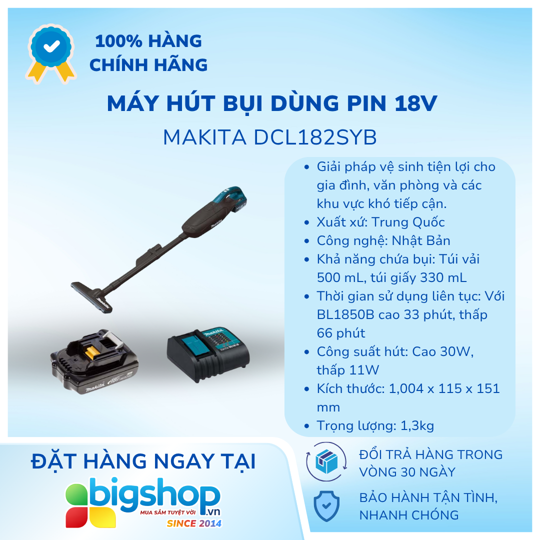 Máy hút bụi dùng pin 18V MAKITA DCL182SYB (1 pin 1.5Ah - BL1815N và sạc DC18SD)