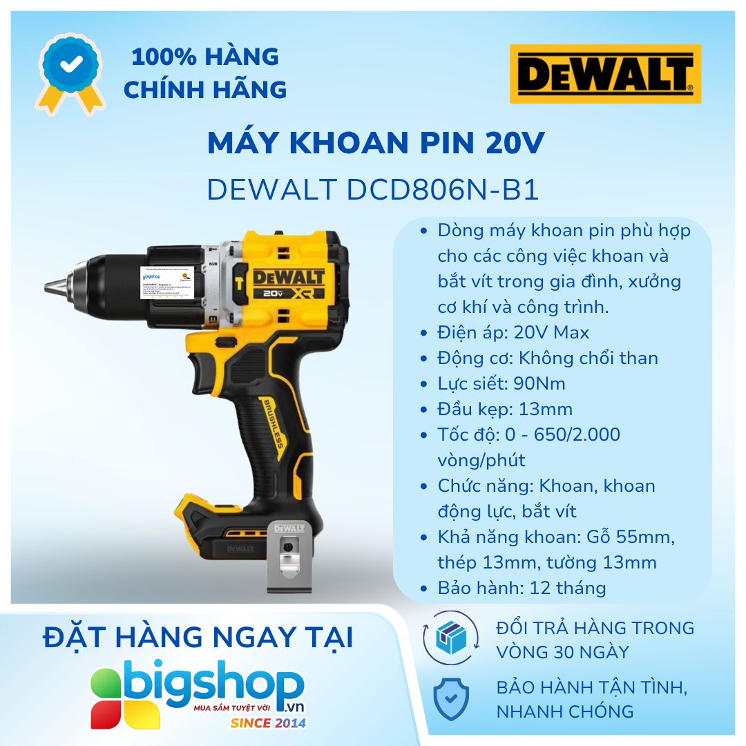 Máy khoan pin 20V DEWALT DCD806N-B1 - Thân máy (Lực siết 90Nm)