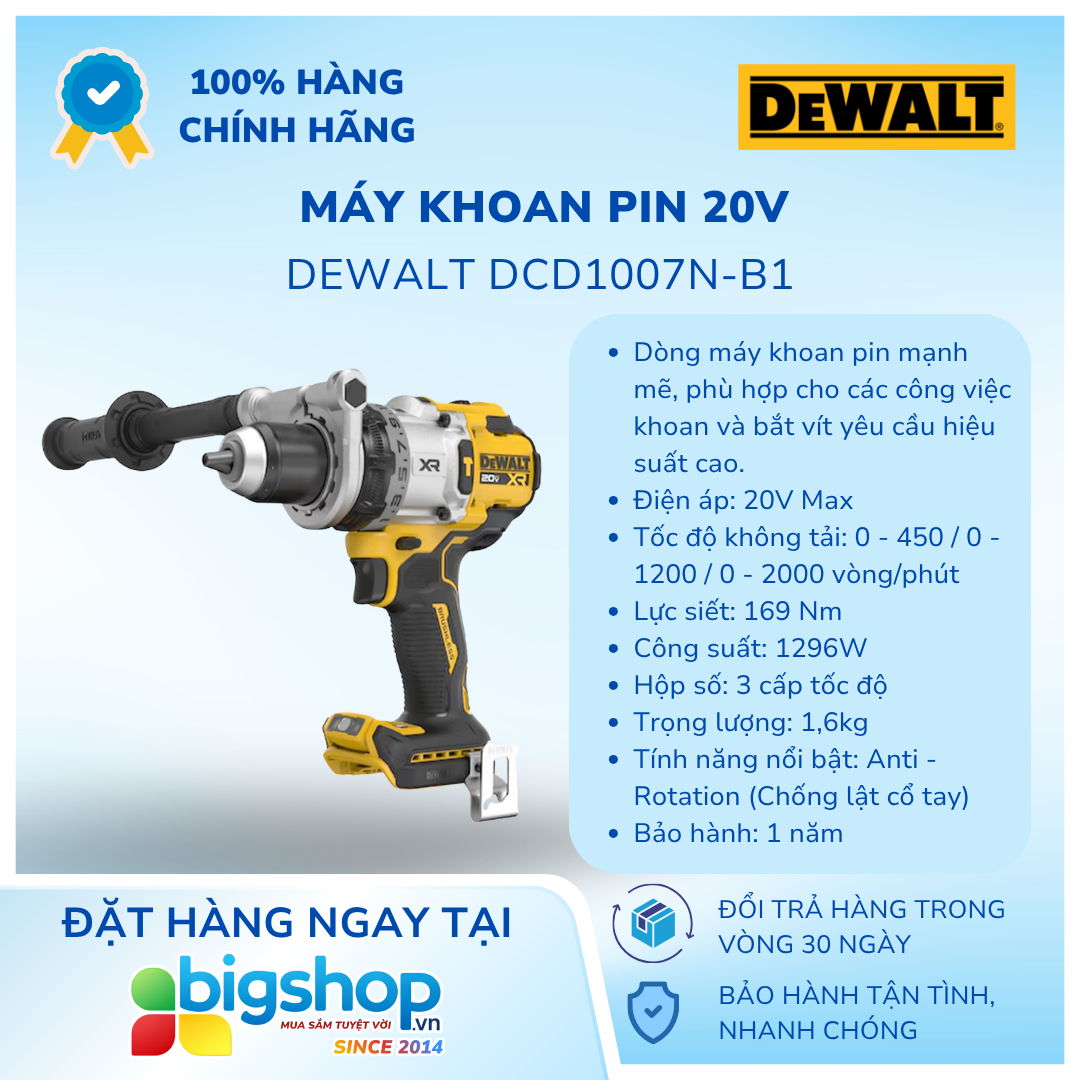 Máy khoan pin 20V DEWALT DCD1007N-B1 - Thân máy (Lực siết 169Nm)