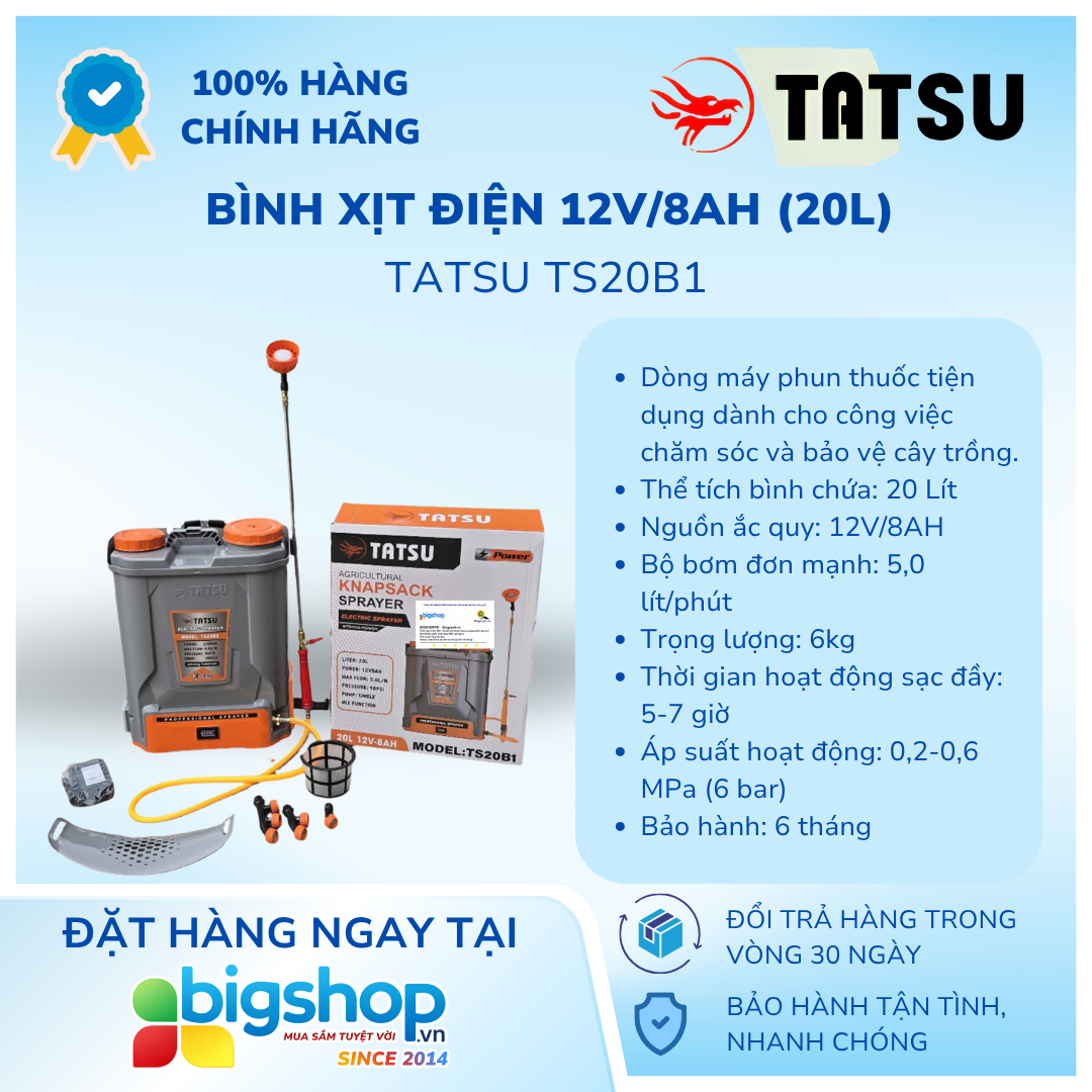 Bình xịt điện 12V/8AH TATSU TS20B1 (20L, bơm đơn, có đảo thuốc)