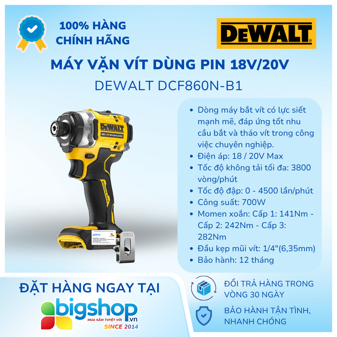 Máy vặn vít dùng pin 18V/20V DEWALT DCF860N-B1 - Thân máy (Lực siết 282Nm)