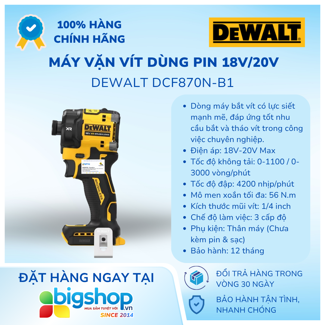 Máy vặn vít dùng pin 18V/20V DEWALT DCF870N-B1 - Thân máy (Lực siết 56Nm)