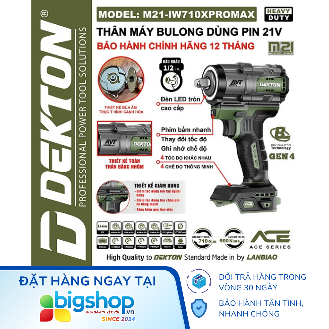 Máy vặn bu lông dùng pin DEKTON M21-IW710XPROMAX - Lực siết 710 Nm (Chưa bao gồm pin, sạc)