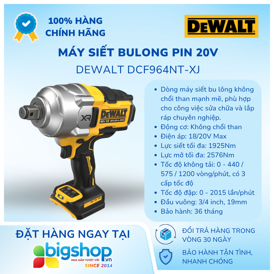 Máy siết bulong pin 20V DEWALT DCF964NT-XJ - Thân máy (Lực siết 1925Nm)
