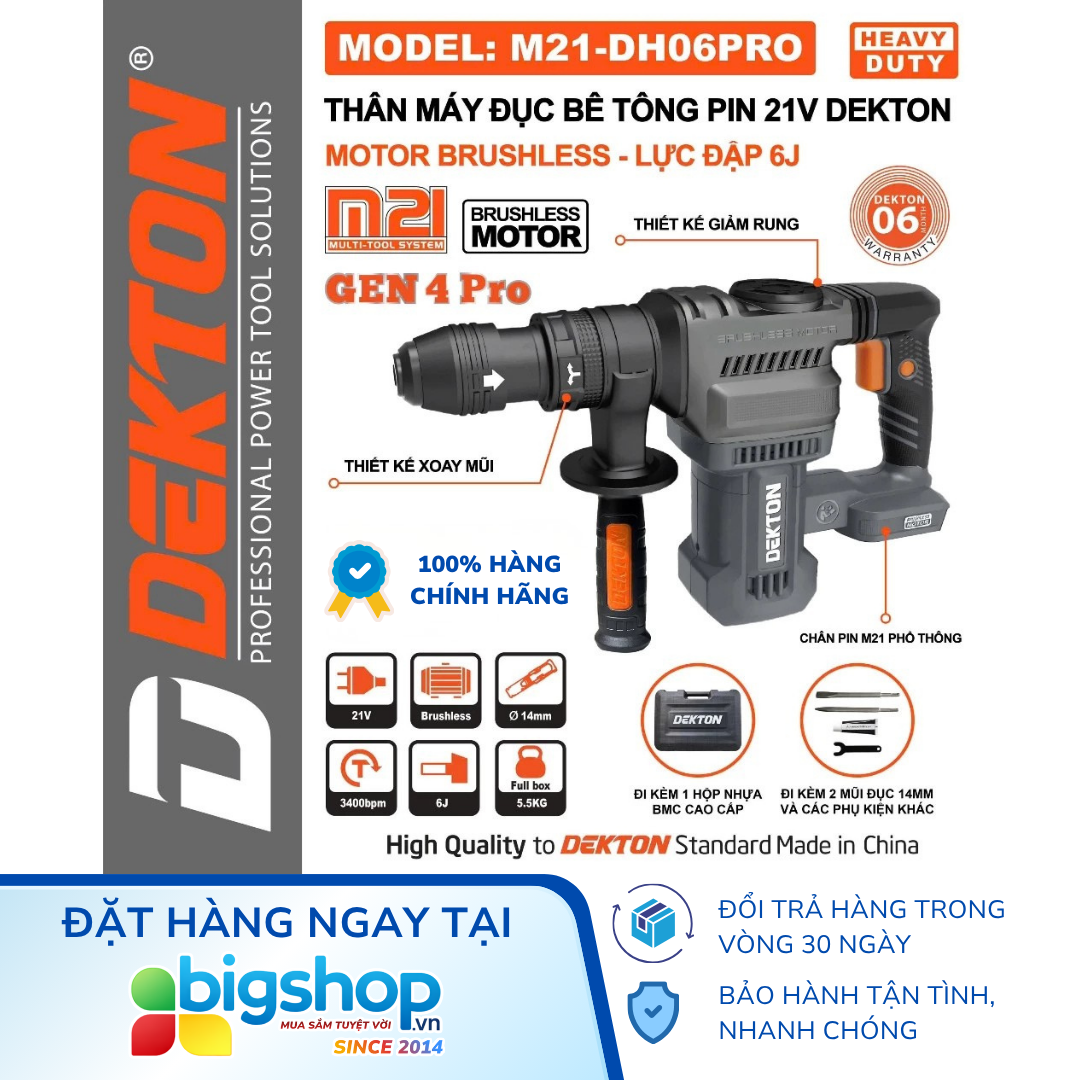 Máy đục bê tông dùng pin 21V DEKTON M21-DH06PRO (Thân máy, mũi 14mm)
