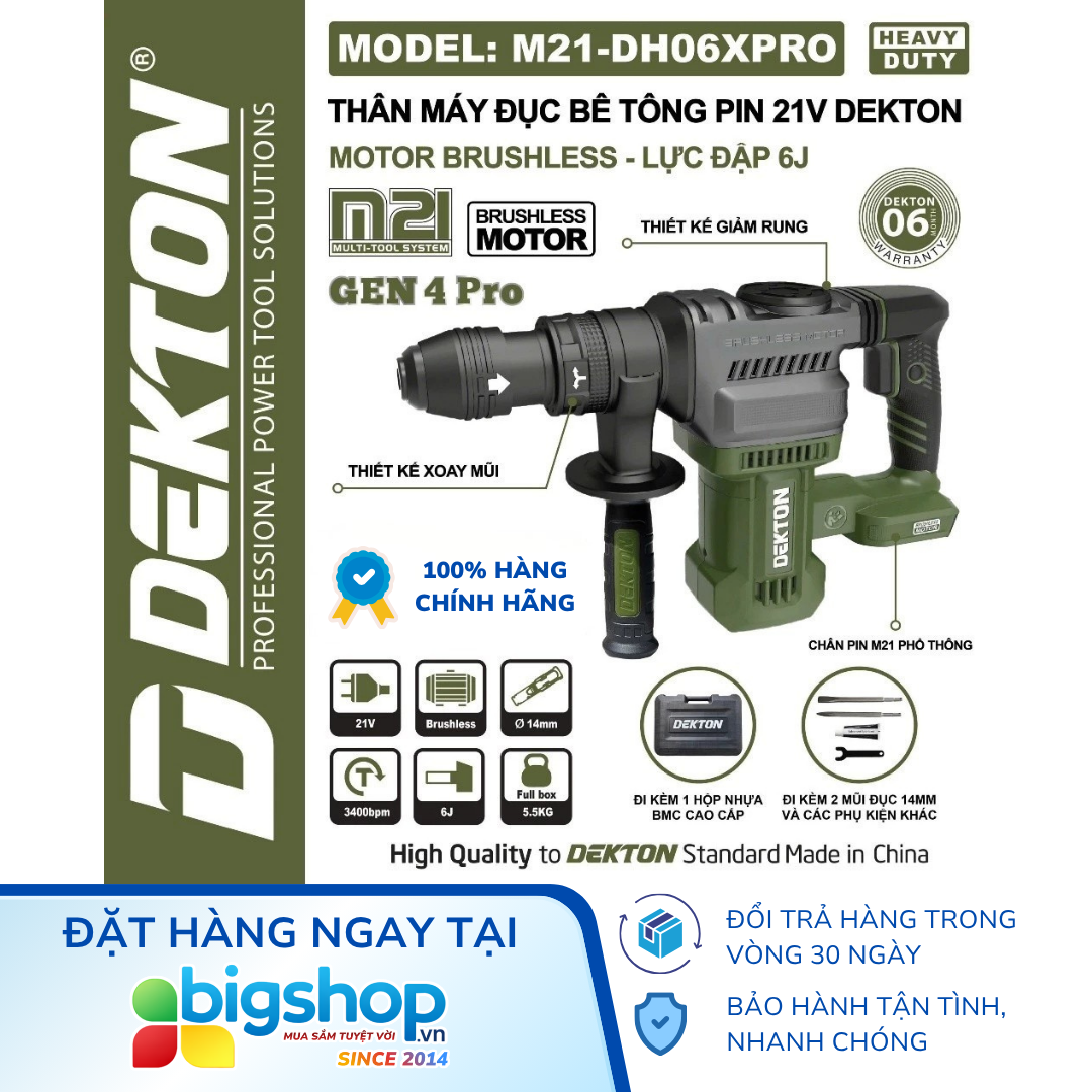 Máy đục bê tông dùng pin 21V DEKTON M21-DH06XPRO (Thân máy, mũi 14mm)