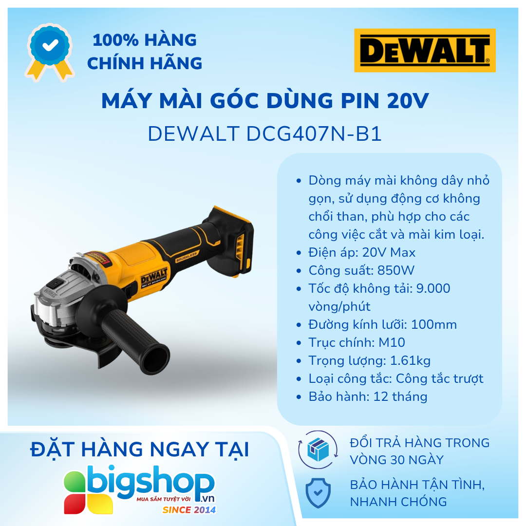 Máy mài góc dùng pin 20V DEWALT DCG407N-B1 - Đĩa 100mm (Chưa bao gồm pin và sạc)