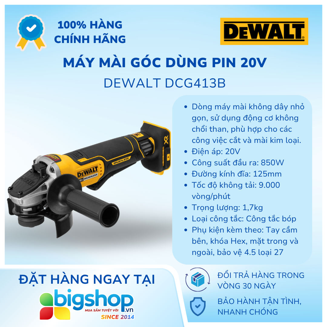 Máy mài góc dùng pin 20V DEWALT DCG413B - Đĩa 125mm, công tắc bóp (Thân máy)