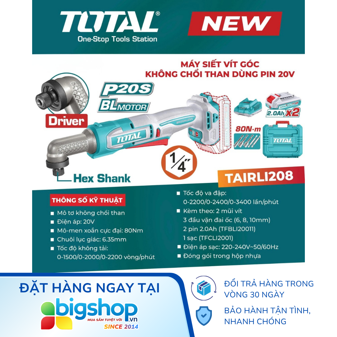 Máy siết vít góc dùng pin 20V TOTAL TAIRLI208 (2 pin 2.0Ah và sạc)