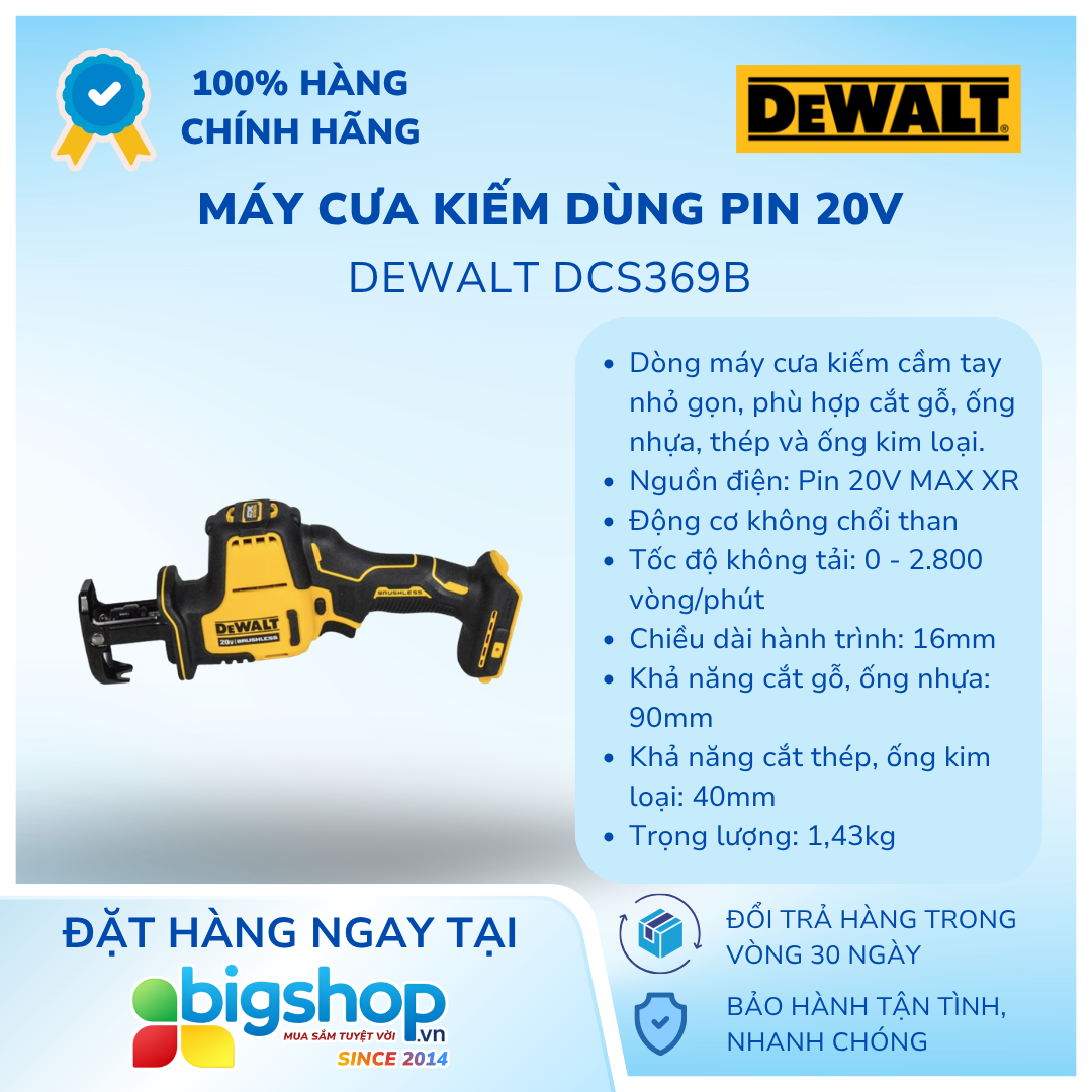 Máy cưa kiếm dùng pin 20V DEWALT DCS369B (Thân máy)