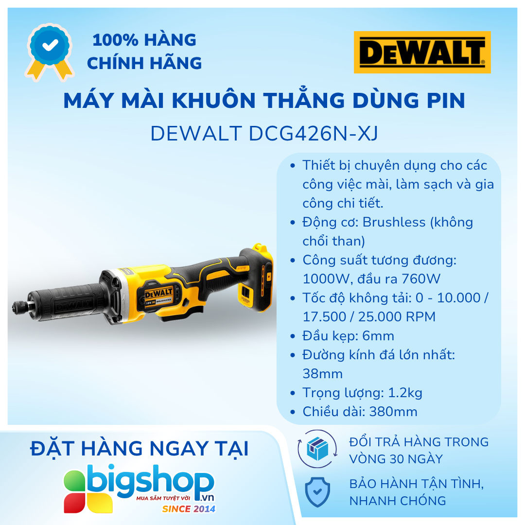 Máy mài khuôn thẳng dùng pin 18V/20V Max DEWALT DCG426N-XJ (Thân máy)