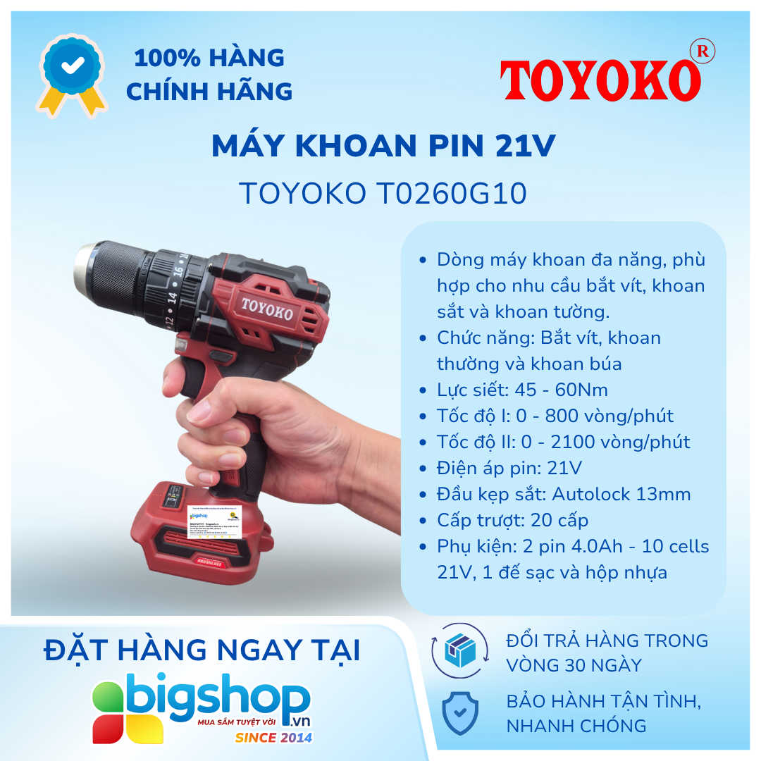 Máy khoan pin 21V TOYOKO T0260G10 (Đầu kẹp 13mm, lực siết 60Nm)