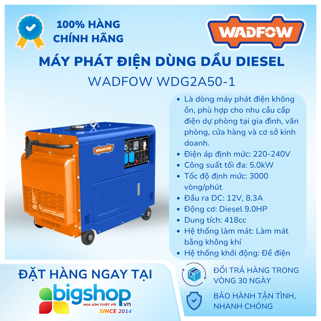 Tổ máy phát điện dùng dầu diesel WADFOW WDG2A50-1 (Công suất 5000W, không ồn)