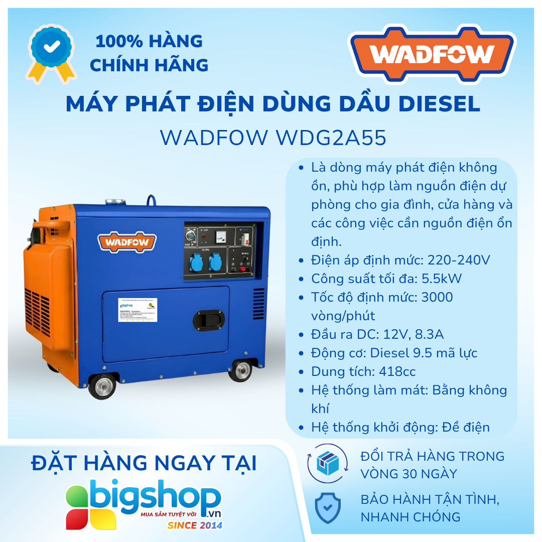 Tổ máy phát điện dùng dầu diesel WADFOW WDG2A55 (Công suất 5500W)