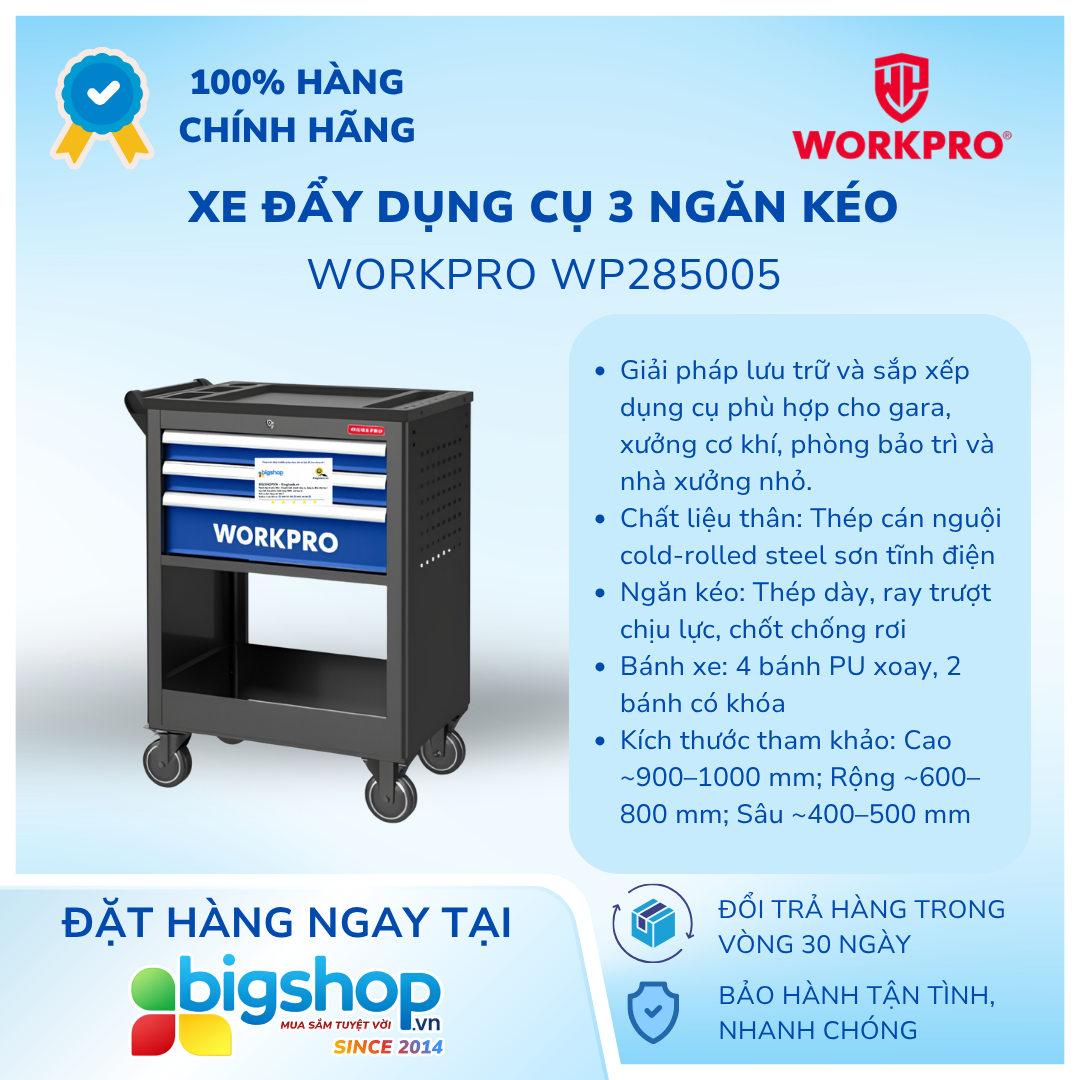 Xe đẩy dụng cụ 3 ngăn kéo WORKPRO WP285005
