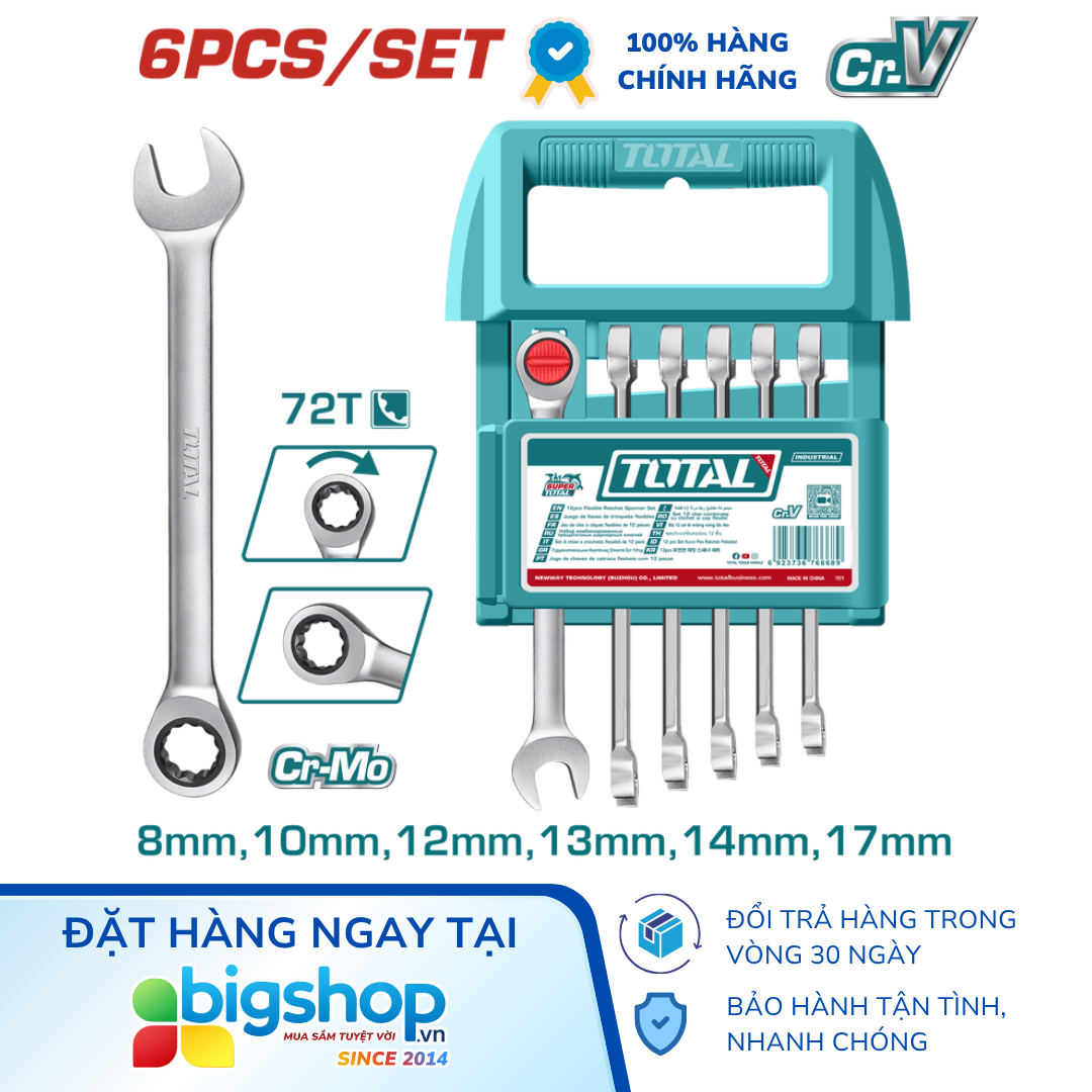 Bộ 6 cờ lê vòng miệng xoay chiều tự động TOTAL THT103RK066 (8-17mm)