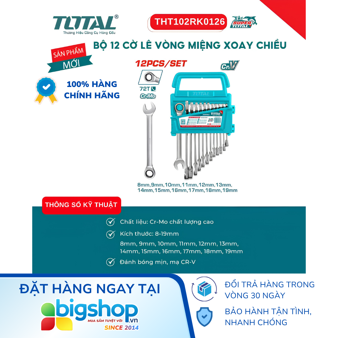 Bộ 12 cờ lê vòng miệng xoay chiều tự động TOTAL THT102RK0126 (8-19mm)