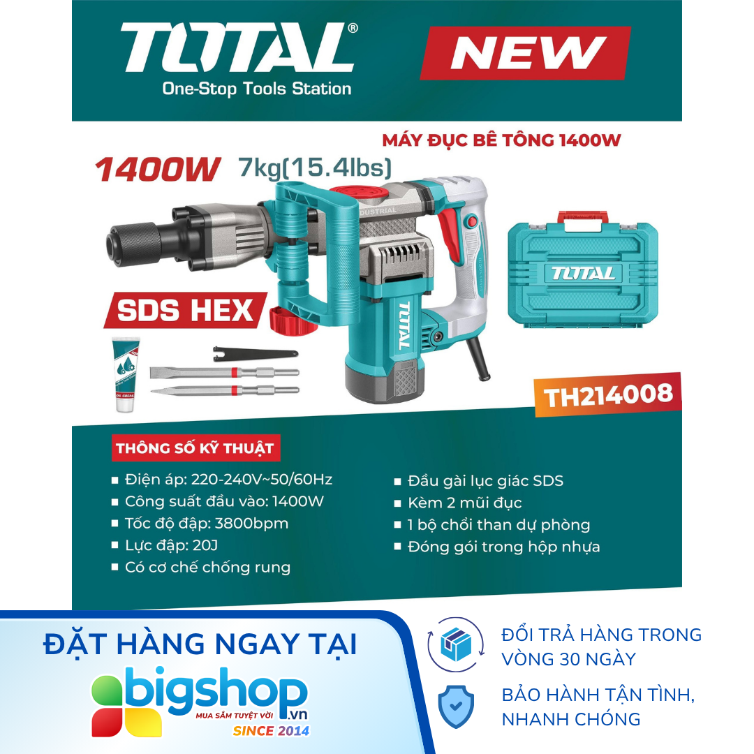 Máy đục bê tông 17 ly TOTAL TH214008 (Công suất 1400W)