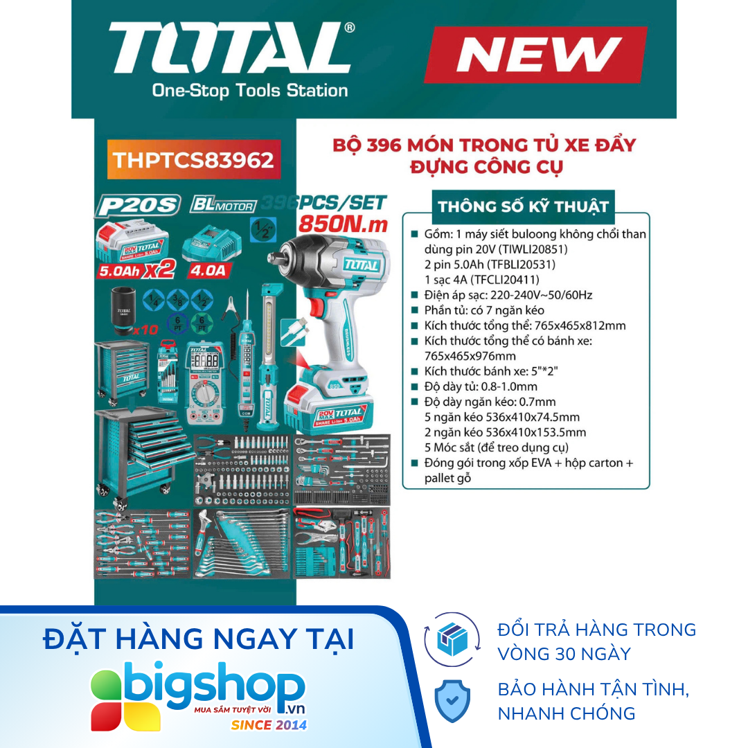 Bộ 396 món trong tủ xe đẩy đựng công cụ TOTAL THPTCS83962 (Kèm máy siết bulong pin 20V 850Nm)