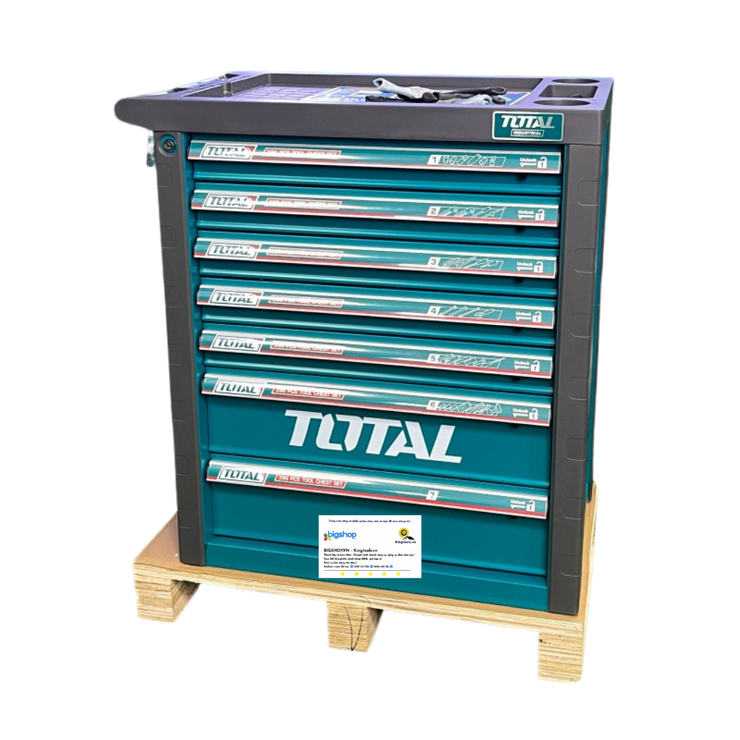 Bộ 396 món trong tủ xe đẩy đựng công cụ TOTAL THPTCS83962 (Kèm máy siết bulong pin 20V 850Nm)