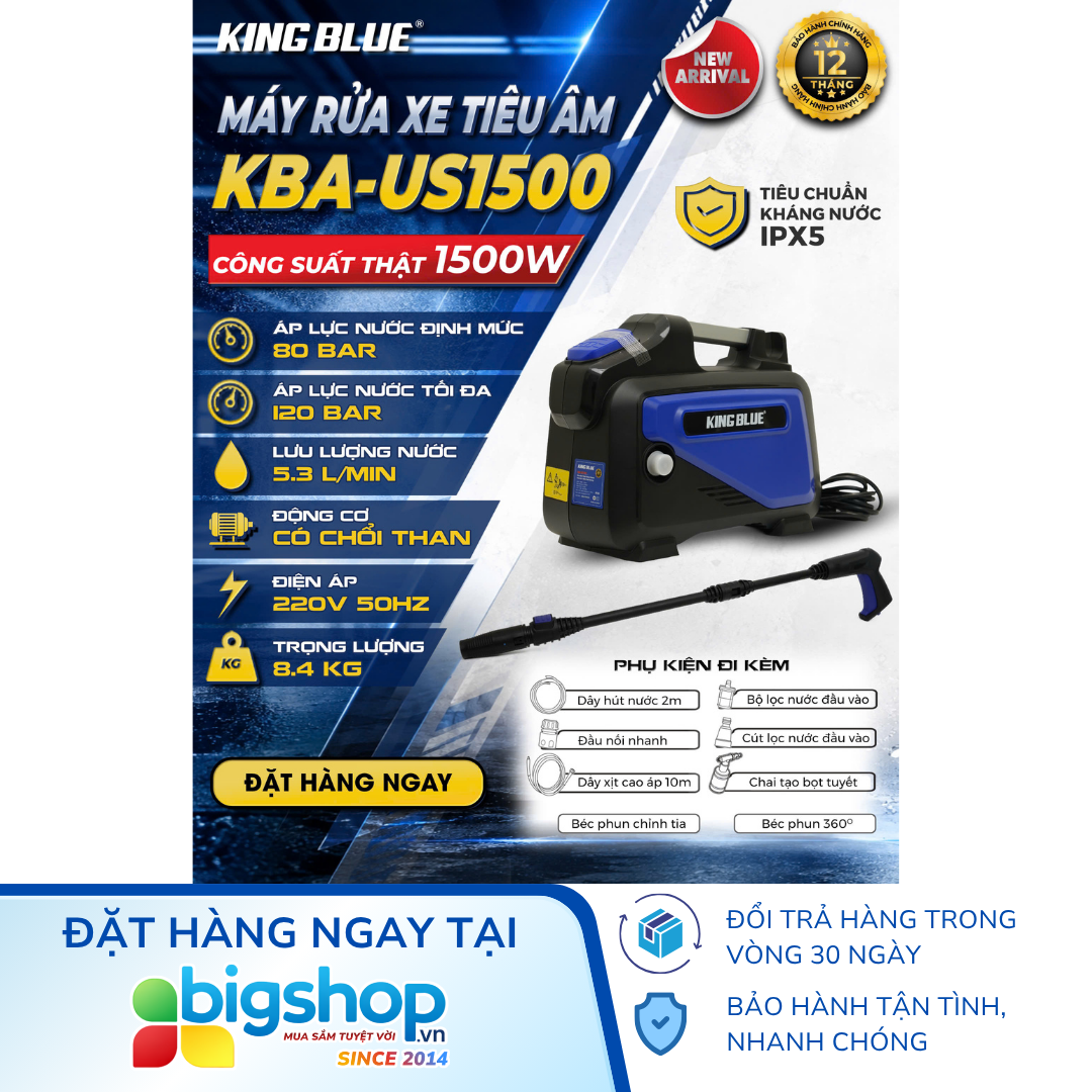 Máy rửa xe tiêu âm KINGBLUE KBA-US1500 (Công suất 1500W)