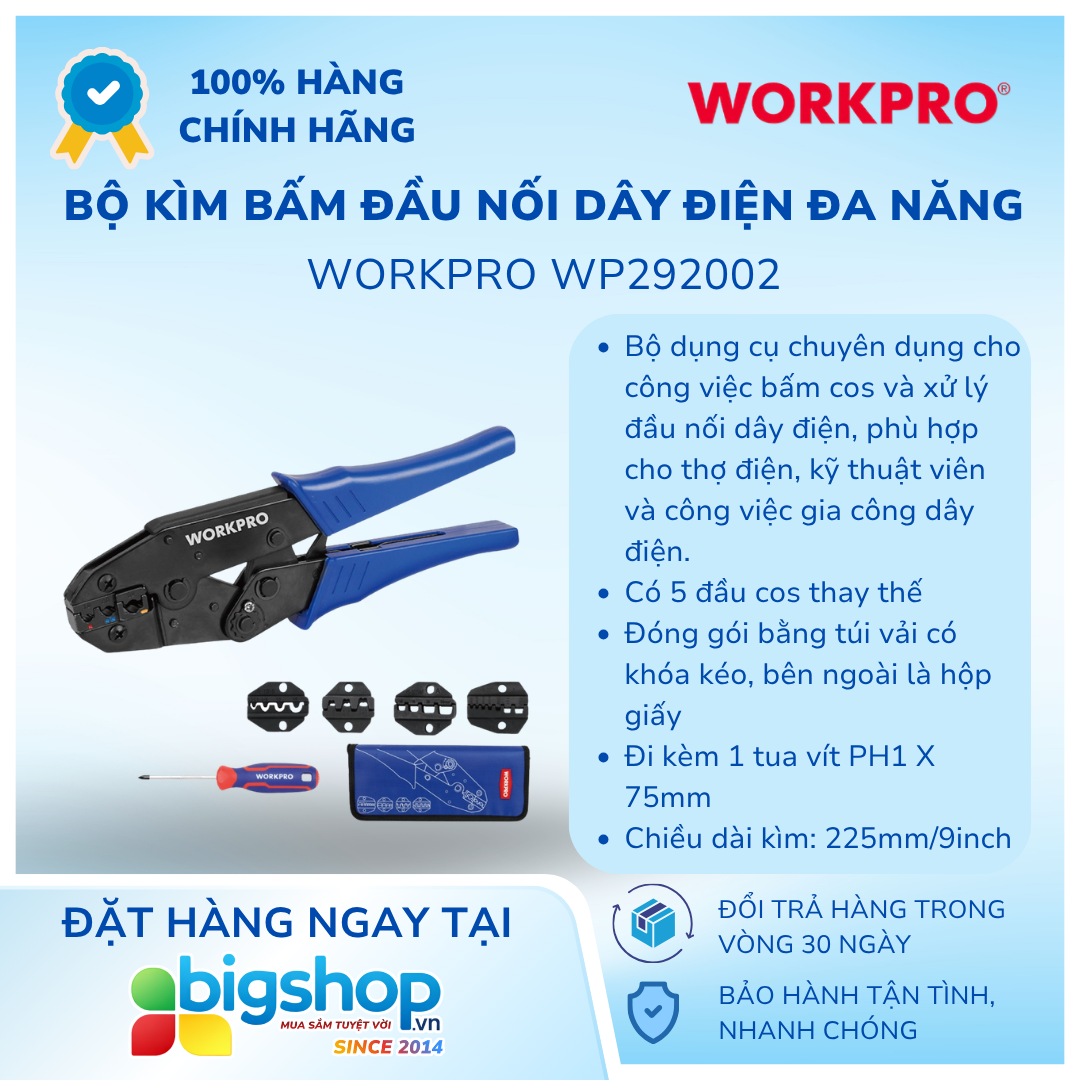 Bộ kìm bấm đầu nối dây điện đa năng 5 trong 1 WORKPRO WP292002
