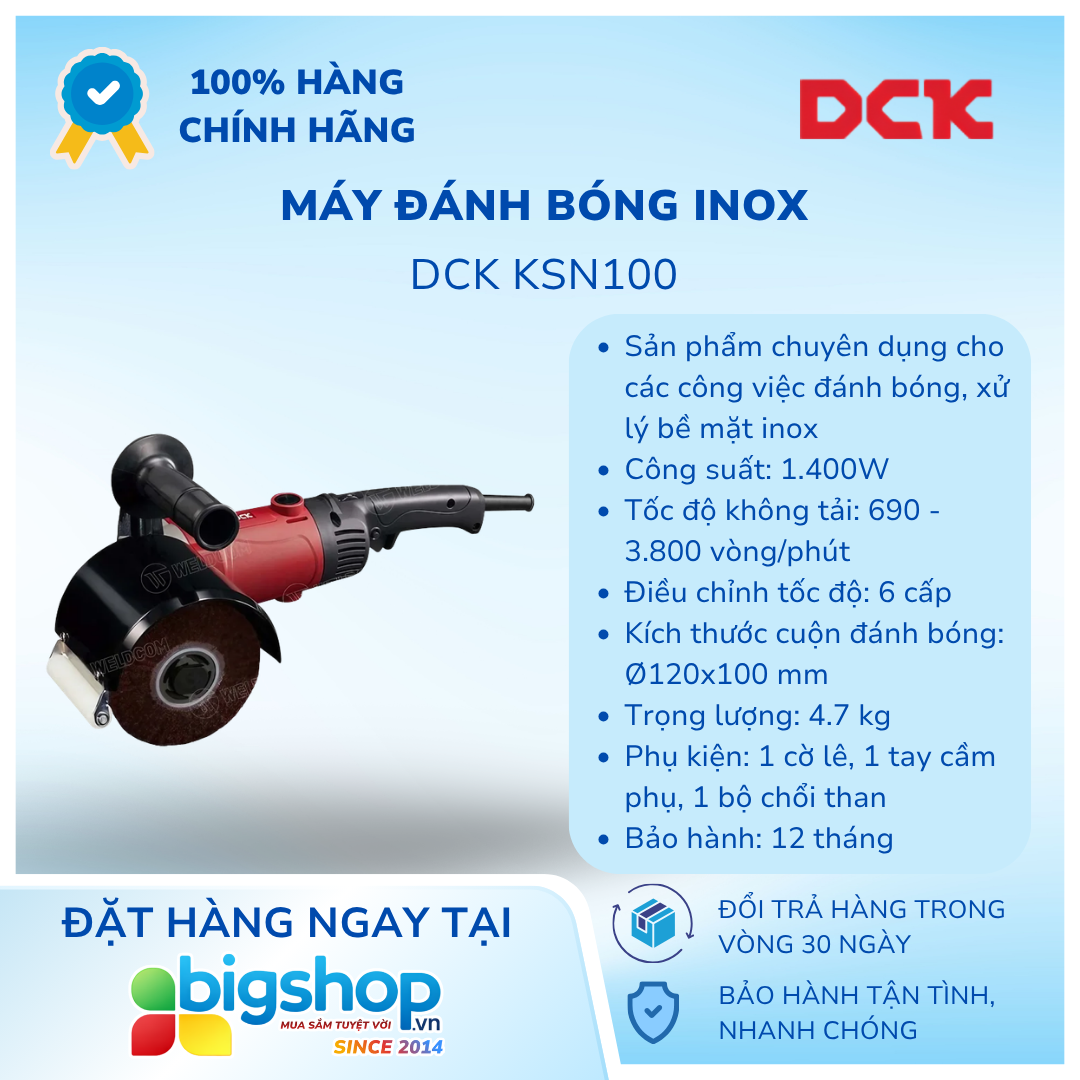 Máy đánh bóng Inox DCK KSN100 (Công suất 1400W, kích thước cuộn 120×100 mm)