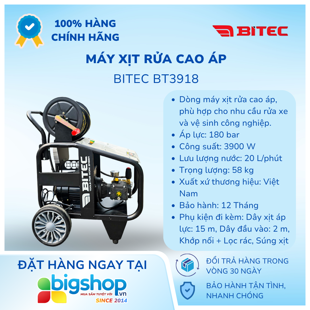 Máy xịt rửa cao áp BITEC BT3918 (Công suất 3900W, Ty 18mm)