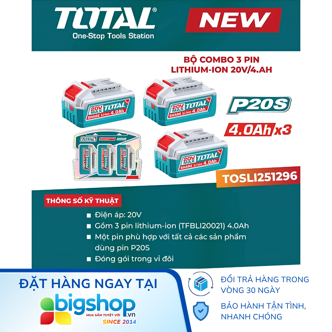 Bộ combo 3 pin Lithium-ion 20V/4.0Ah TOTAL TOSLI251296