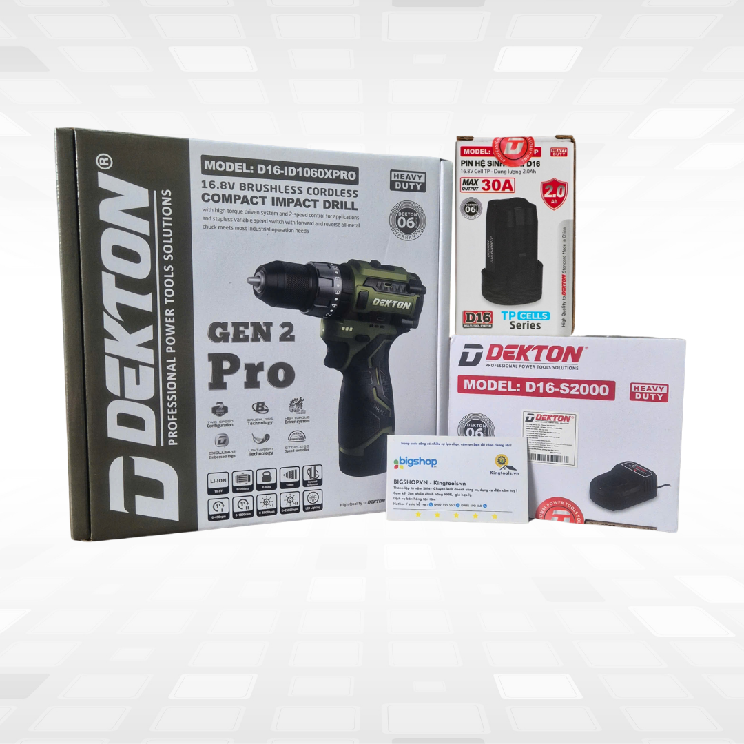 Combo máy khoan pin 16.8V DEKTON D16-ID1060XPRO, kèm 1 cục pin 2.0Ah (B2000TP) và sạc 2.0A (S2000)