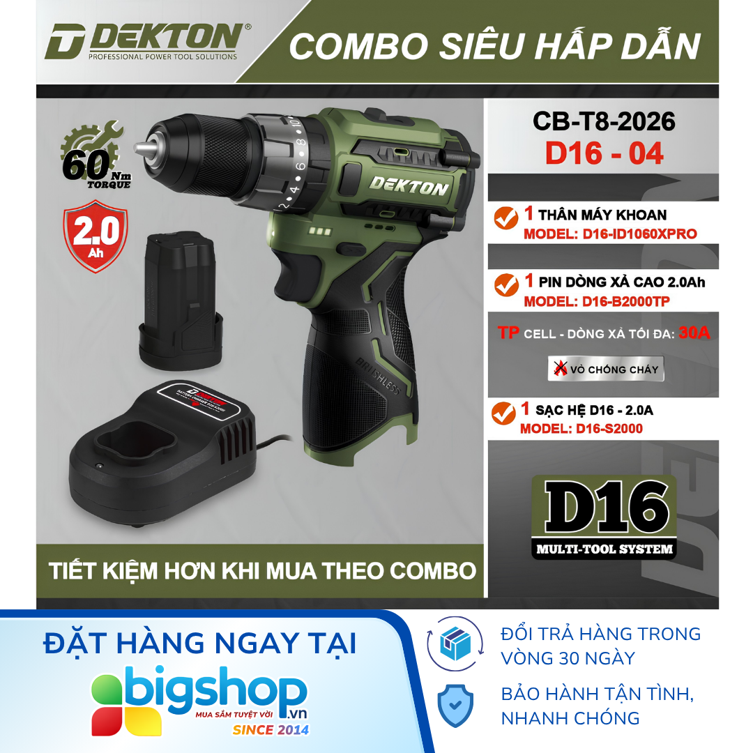 Combo máy khoan pin 16.8V DEKTON D16-ID1060XPRO, kèm 1 cục pin 2.0Ah (B2000TP) và sạc 2.0A (S2000)
