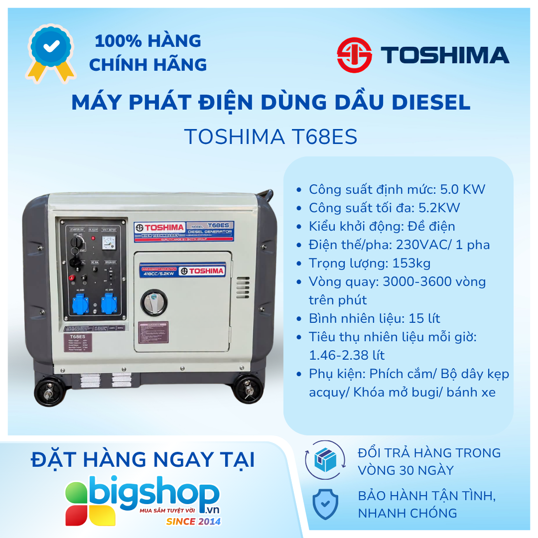 Máy phát điện dùng dầu diesel TOSHIMA T68ES (Công suất 5.2kW)