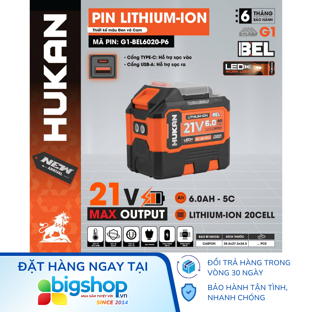 Pin Lithium-ion 21V/6.0Ah HUKAN G1-BEL6020-P6 (20 cell)