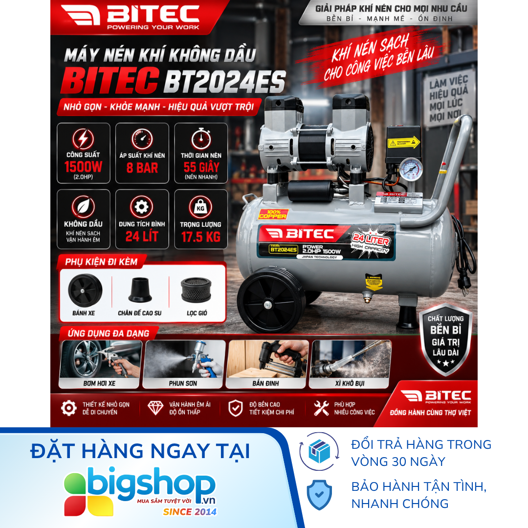 Máy nén khí không dầu 24L BITEC BT2024ES (Công suất 1500W)