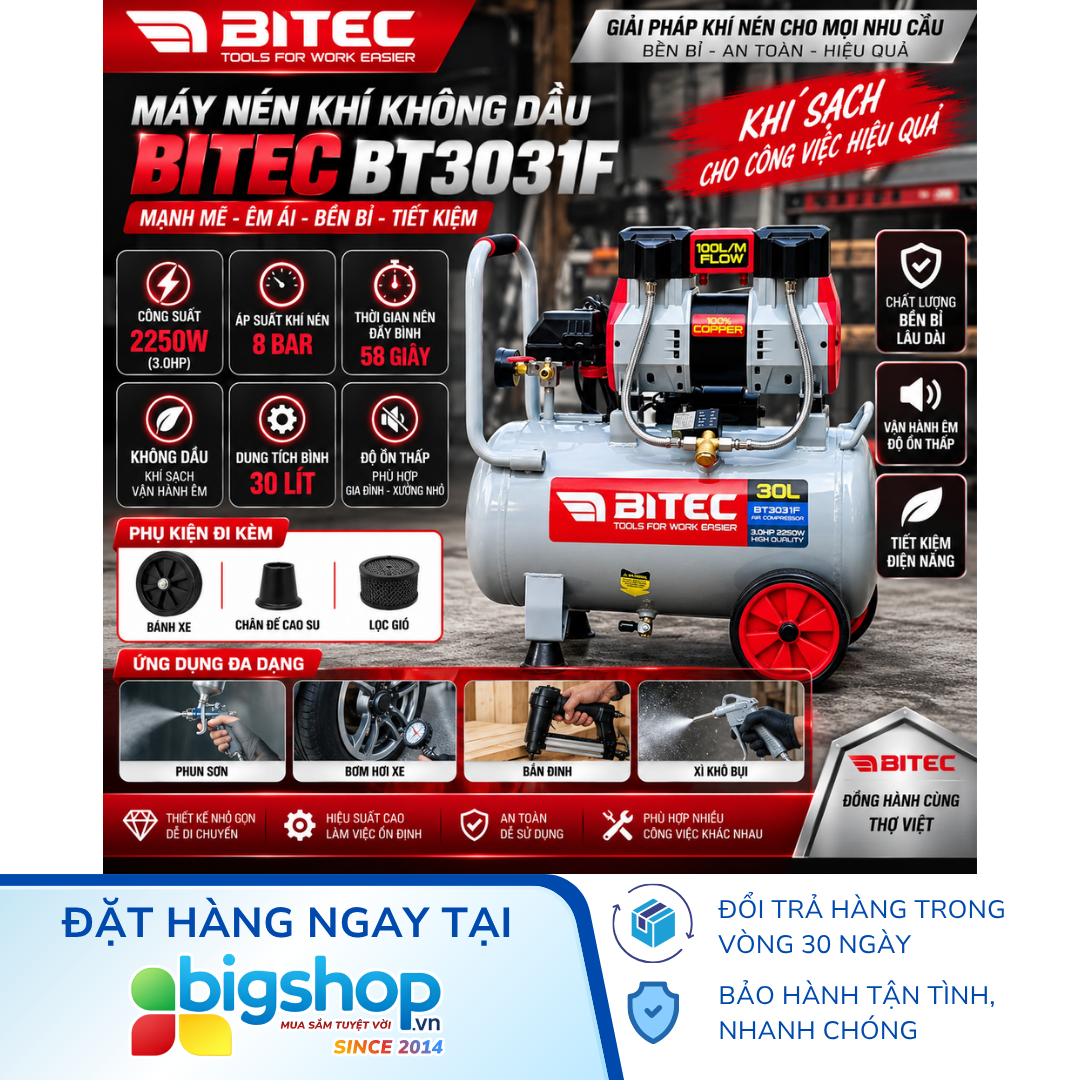 Máy nén khí không dầu 30L BITEC BT3031F (Công suất 2250W)
