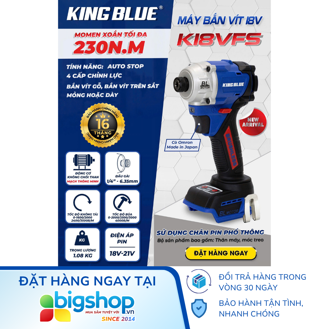 Máy bắn vít dùng pin 18V KINGBLUE K18VFS (Lực siết 230Nm) - Thân máy