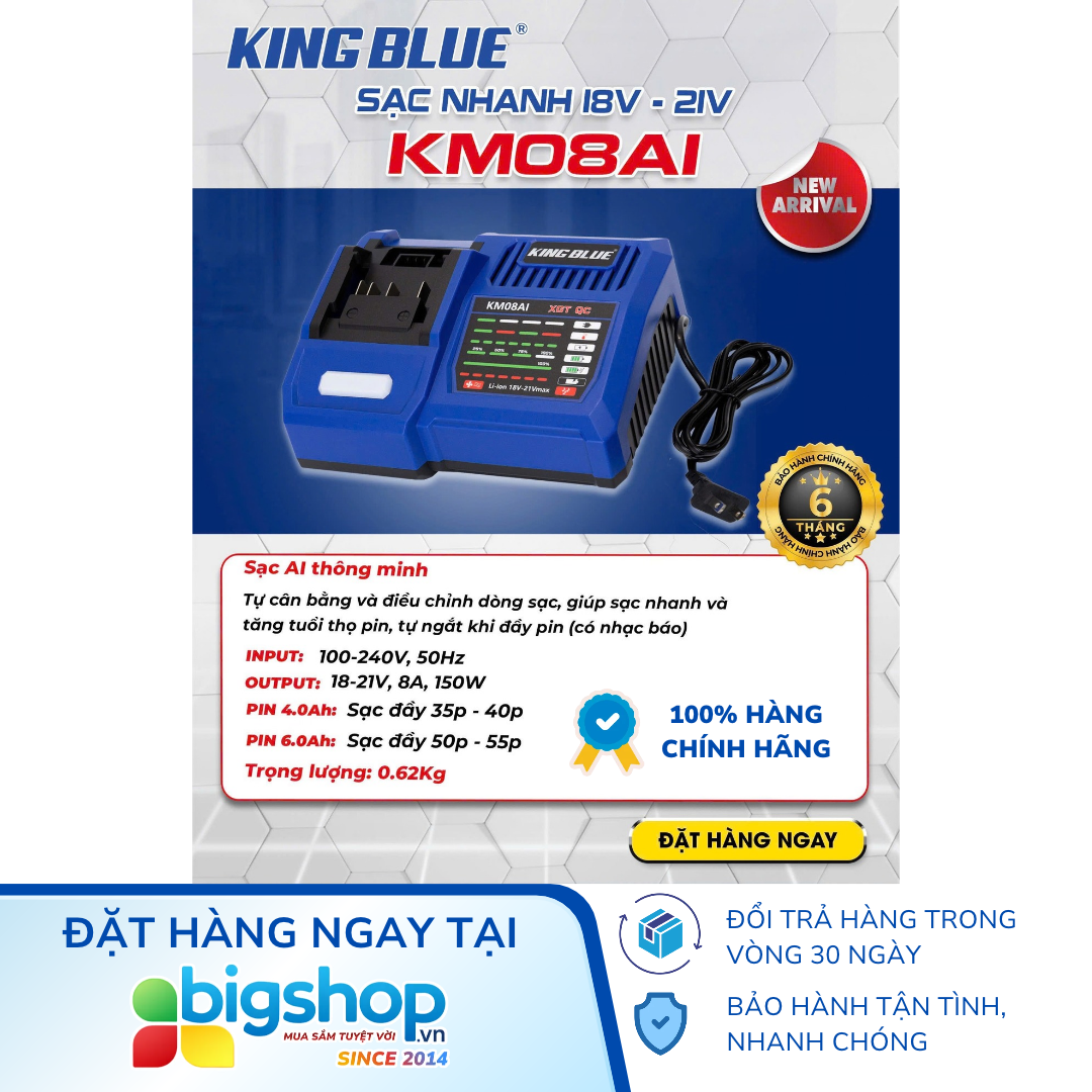 Sạc pin nhanh KINGBLUE KM08AI (18V-21V, AI thông minh)