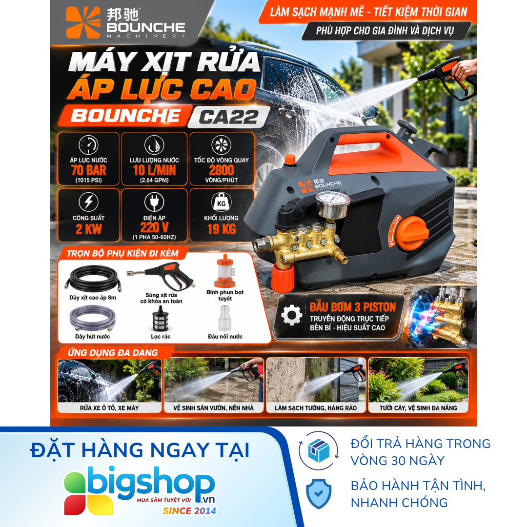 Máy xịt rửa áp lực cao BOUNCHE CA22 (Công suất 2kW)